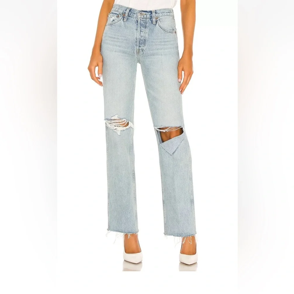 Re/Done Ripped 90s High Rise Loose Light Blue Button Fly Jeans 31 NWT (33”x26”) - Picture 2 of 9